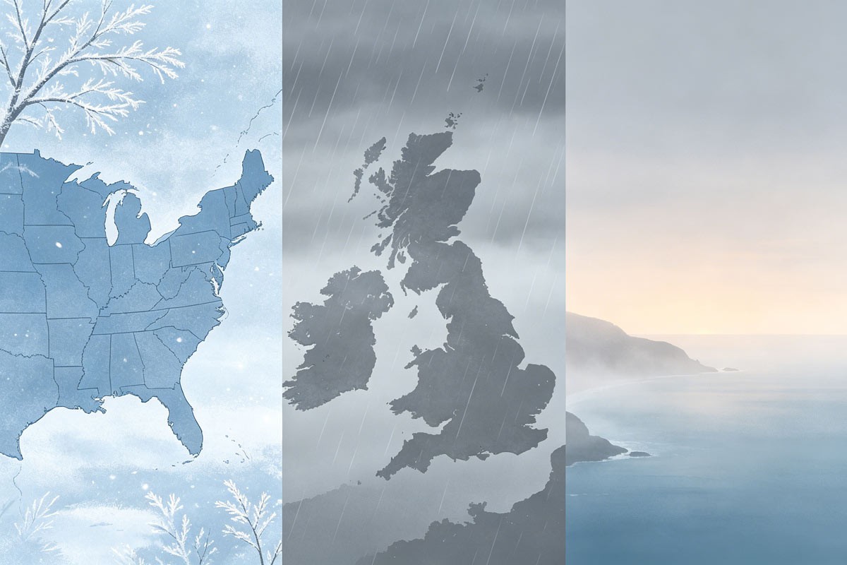 Stylized US & UK January&mdash;frozen interior, rainy isles, mild coast&mdash;soft bands