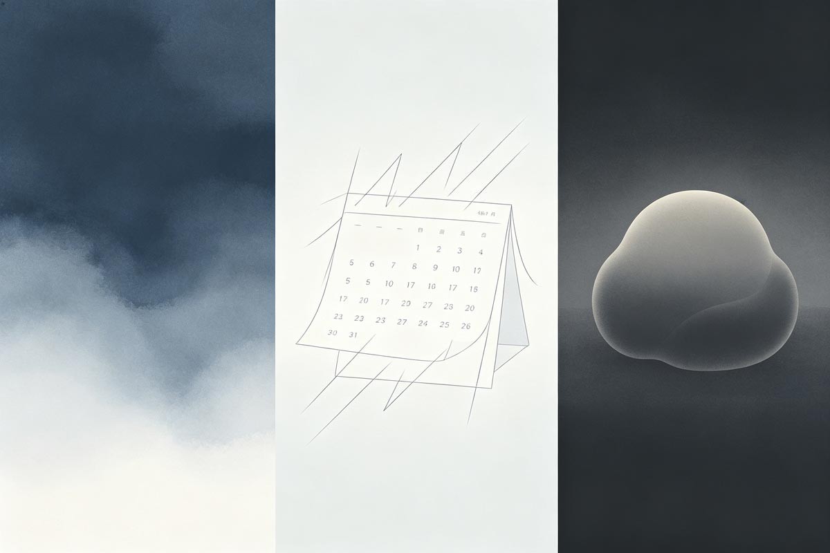 Three winters&mdash;solar cold peak, gregorian January slog, nervous system quiet&mdash;abstract panels