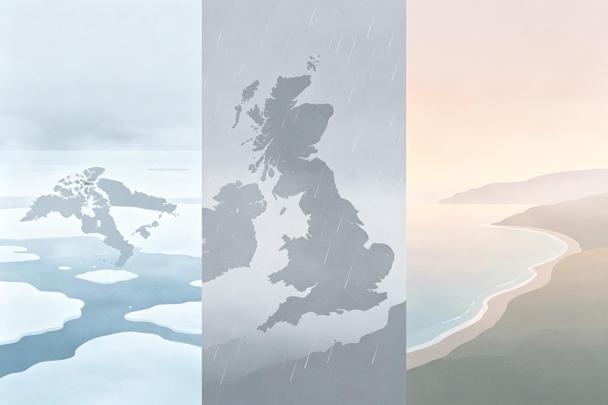Stylized US & UK late January&mdash;lake ice, atlantic drizzle, mild south fog&mdash;soft bands