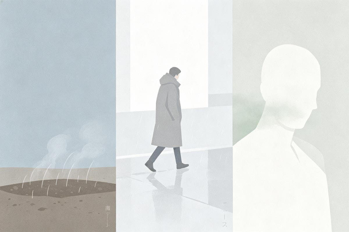 Three in-betweens—solar damp step, meteorological slog, anxious sinuses—abstract panels