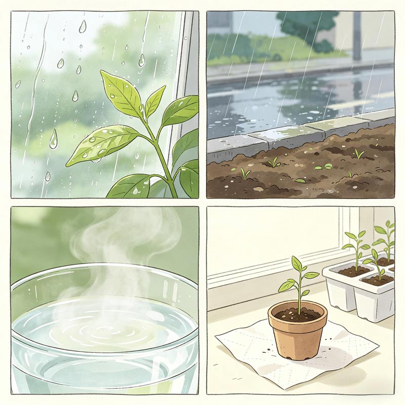Four panels: wet leaves, petrichor, warm tea, seed tray&mdash;Grain Rain sensory rituals.