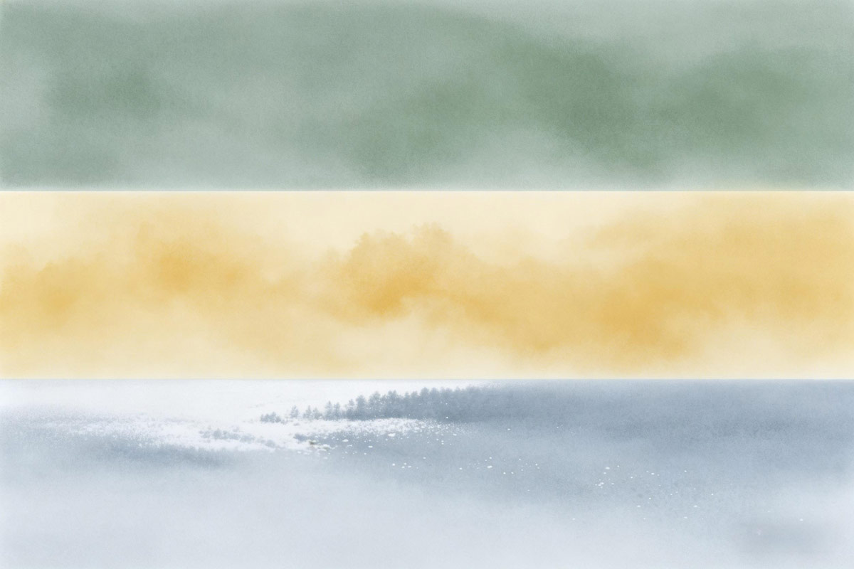 Stylized US late April weather variety&mdash;rain belt, pollen haze, late snow hint&mdash;soft abstract.
